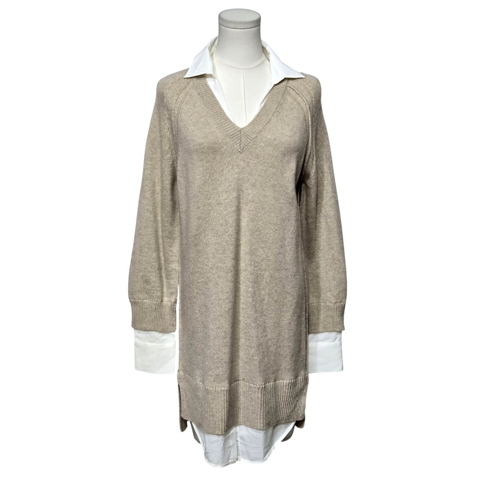 Brochu Walker Sweater Dress Womens Small Wool Cashmere Beige Layered V Neck